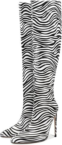 Zebra print black red burgundy purple knee high boots for women Orange High heeled Pointed toe Back zipper big size Stiletto heel Cow print shoes gold snakeskin boots in Saudi Arabia