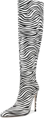 Zebra print black red burgundy purple knee high boots for women Orange High heeled Pointed toe Back zipper big size Stiletto heel Cow print shoes gold snakeskin boots in Saudi Arabia