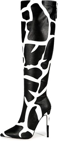 Zebra print black red burgundy purple knee high boots for women Orange High heeled Pointed toe Back zipper big size Stiletto heel Cow print shoes gold snakeskin boots in Saudi Arabia