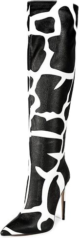 Zebra print black red burgundy purple knee high boots for women Orange High heeled Pointed toe Back zipper big size Stiletto heel Cow print shoes gold snakeskin boots in Saudi Arabia