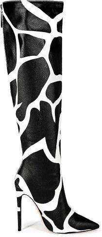 Zebra print black red burgundy purple knee high boots for women Orange High heeled Pointed toe Back zipper big size Stiletto heel Cow print shoes gold snakeskin boots in Saudi Arabia