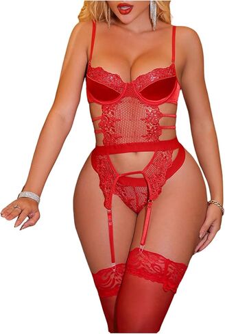 Soly Hux Lingerie Lingerie Set 4 قطعة من صدرية الملابس الداخلية للملابس الداخلية واللباس الداخلي مع جوارب in Kuwait