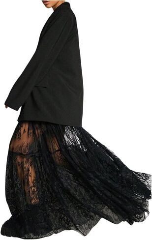 Gorglitter Women's Y2K Mesh Lace Maxi Skirt Sheer High Cheered Flower Flowy Contrats Long Trail Grotic Renaissance Fairy Skirt in Kuwait