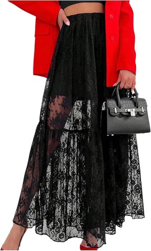 Gorglitter Women's Y2K Mesh Lace Maxi Skirt Sheer High Cheered Flower Flowy Contrats Long Trail Grotic Renaissance Fairy Skirt in Kuwait