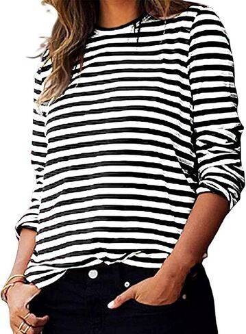 نساء مخطط tshirts Crewneck الأكمام الطويلة Pullover Fall Winter عرضة خفيفة الوزن قم قمصان السيدات القمصان in Kuwait