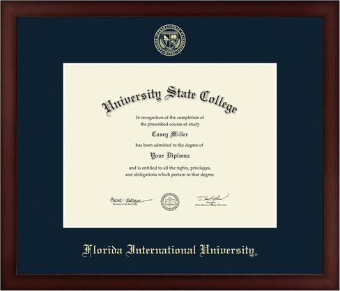 Florida International University 11" w x 8.5" h Diploma Frame - Fits a bachelor's - Gold Embossed Diploma Frame - Cherry Moulding with Navy Matting - Officially Licensed in Saudi Arabia