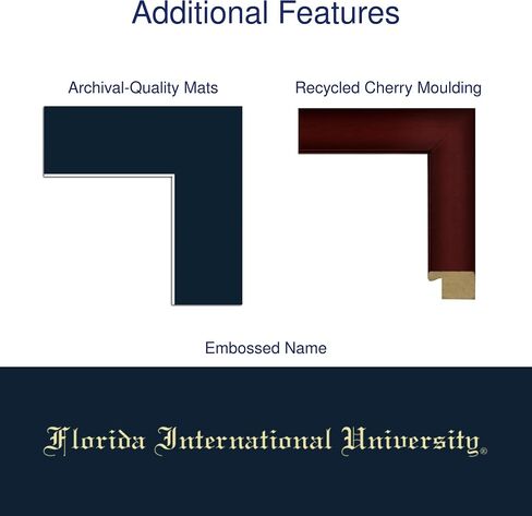 Florida International University 11" w x 8.5" h Diploma Frame - Fits a bachelor's - Gold Embossed Diploma Frame - Cherry Moulding with Navy Matting - Officially Licensed in Saudi Arabia