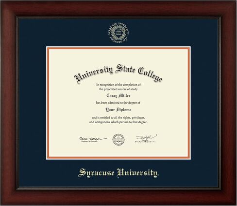 Syracuse University 11" w x 8.5" h Diploma Frame - Fits a bachelor's and master's - Gold Embossed Diploma Frame - Cherry Moulding with Navy and Orange Matting - Officially Licensed in Saudi Arabia