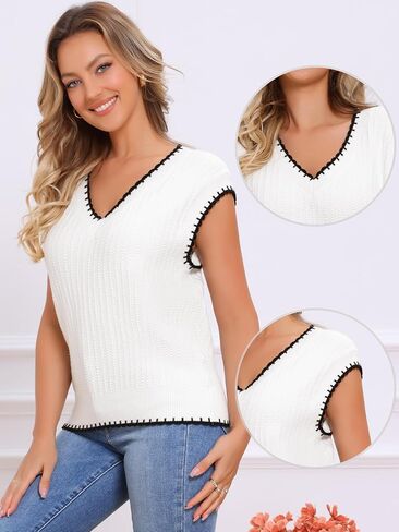 Allegra K Casual Sweater Vest for Women's Oversized Cap Sleeve V Neck Fall Winter Cable Knit Pullover Tops in Saudi Arabia