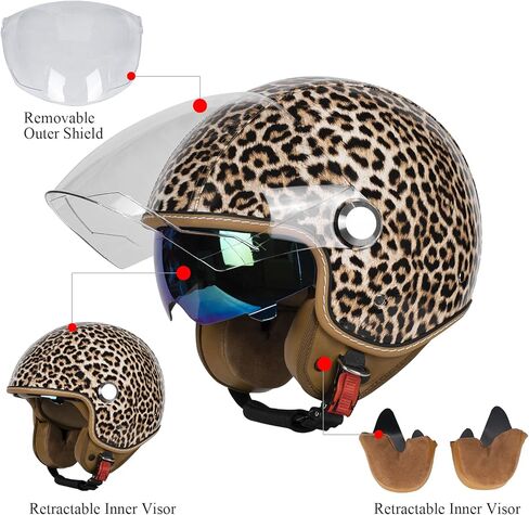 خوذات الوجه المفتوحة مع مصدقة معتمدة من Leather Leather 3/4 ، خوذات الوجه المفتوحة المعتمدة مع DUT مع حافة مزدوجة ، خوذة نصف دراجة للدراجة الدراسية للدراجات البخارية in Kuwait