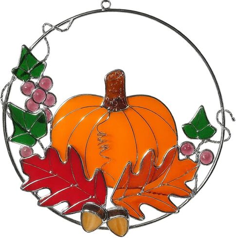 Stained Glass Pumpkin with Fall Leaves – Real Stained Glass Art on 8" Silver-Finish Metal Ring Plated with a Silver Finish – Autumn Window Sun Catcher – Fall Decor – Packed in Foam for Safe Shipping in Saudi Arabia
