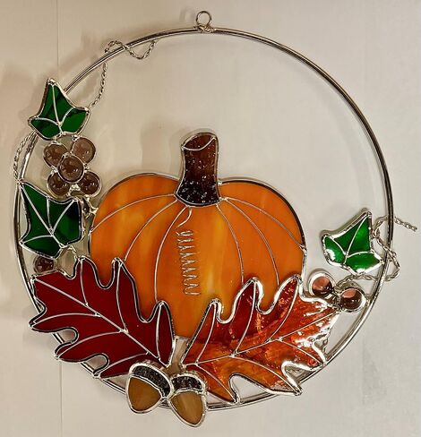 Stained Glass Pumpkin with Fall Leaves – Real Stained Glass Art on 8" Silver-Finish Metal Ring Plated with a Silver Finish – Autumn Window Sun Catcher – Fall Decor – Packed in Foam for Safe Shipping in Saudi Arabia