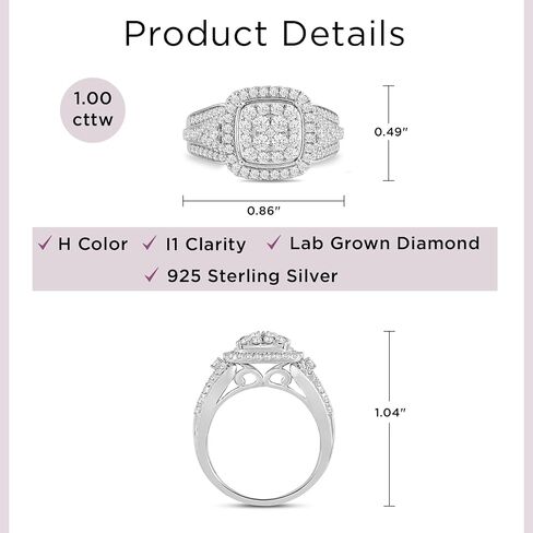 Jewelili 925 Sterling Silver Diamond Ring for Women | 1.0 CTW Bridal Wedding Engagement Rings | H Color I1 Clarity | Lab Grown Diamond Ring | Size 6,7 & 8 in Saudi Arabia