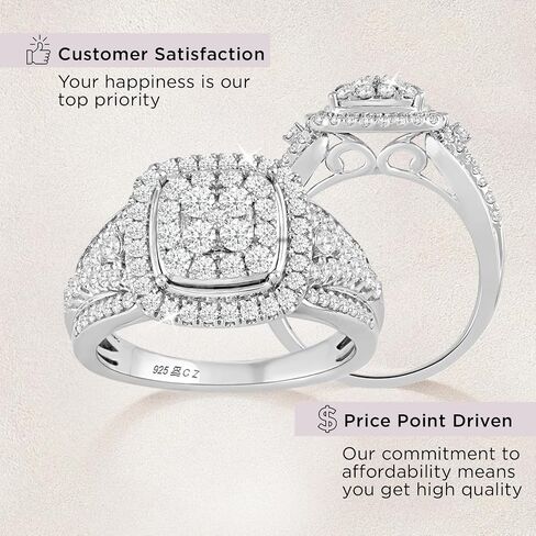 Jewelili 925 Sterling Silver Diamond Ring for Women | 1.0 CTW Bridal Wedding Engagement Rings | H Color I1 Clarity | Lab Grown Diamond Ring | Size 6,7 & 8 in Saudi Arabia
