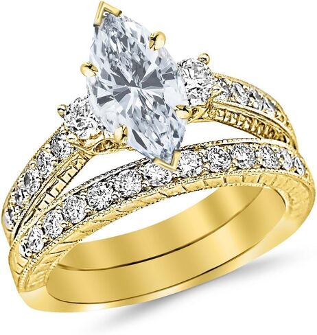 14K أبيض الذهب 4 قيراط مختبر نمت الماس ثلاثة أحجار خمر مع Milgrain & Filigree Bridal مع فرقة الزفاف وخاتم الخطوبة المقطوعة الماسك (G-H Color VS2-SI1 Clanty 3 CT Center) in Saudi Arabia