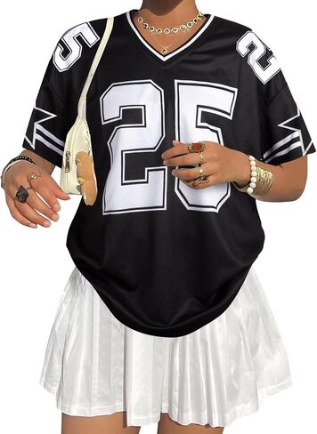 Jersey Shirts for Women Y2k Graphic Number Oversized Tees V Neck Baggy Streetwear T Shirt Summer Tops in Saudi Arabia
