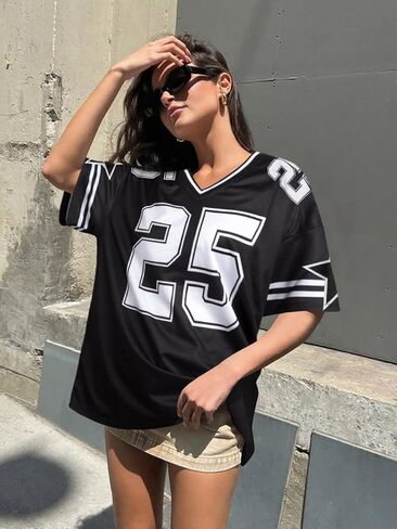Jersey Shirts for Women Y2k Graphic Number Oversized Tees V Neck Baggy Streetwear T Shirt Summer Tops in Saudi Arabia