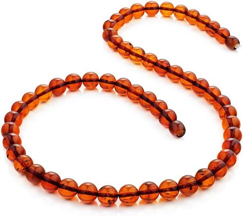 Genuine Baltic Amber Necklace – 48cm (18.9") Round Beads – Natural Solid Amber 9mm Beads – Lightweight 0.046 lbs Jewelry – Handmade in Saudi Arabia