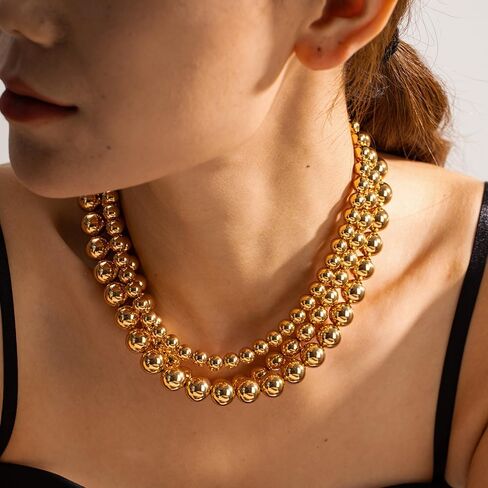 Rrdaily Chunky Multi Strand Layered Statement Necklace for Women,14K Gold Plated Large Beaded Necklace Party Prom Punk Jewelry Accessories Gifts in Saudi Arabia
