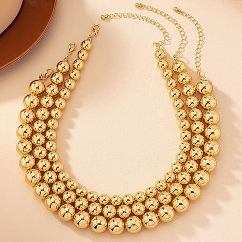 Rrdaily Chunky Multi Strand Layered Statement Necklace for Women,14K Gold Plated Large Beaded Necklace Party Prom Punk Jewelry Accessories Gifts in Saudi Arabia
