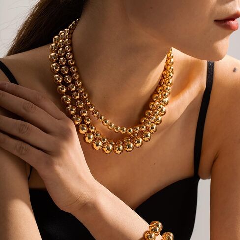 Rrdaily Chunky Multi Strand Layered Statement Necklace for Women,14K Gold Plated Large Beaded Necklace Party Prom Punk Jewelry Accessories Gifts in Saudi Arabia