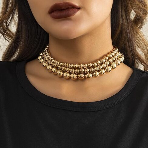 Rrdaily Chunky Multi Strand Layered Statement Necklace for Women,14K Gold Plated Large Beaded Necklace Party Prom Punk Jewelry Accessories Gifts in Saudi Arabia