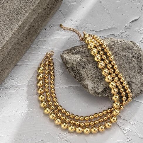 Rrdaily Chunky Multi Strand Layered Statement Necklace for Women,14K Gold Plated Large Beaded Necklace Party Prom Punk Jewelry Accessories Gifts in Saudi Arabia