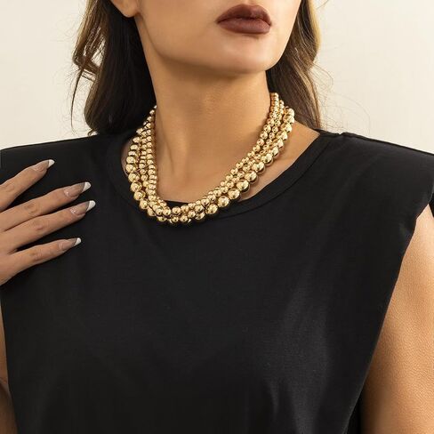 Rrdaily Chunky Multi Strand Layered Statement Necklace for Women,14K Gold Plated Large Beaded Necklace Party Prom Punk Jewelry Accessories Gifts in Saudi Arabia
