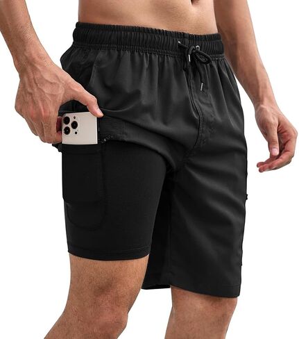 Mens Swim Trunks with Compression Liner Zipper Cargo Pockets Bathing Suits for Men Quick Dry Swim Shorts in Saudi Arabia
