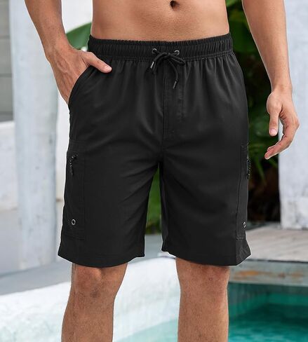 Mens Swim Trunks with Compression Liner Zipper Cargo Pockets Bathing Suits for Men Quick Dry Swim Shorts in Saudi Arabia