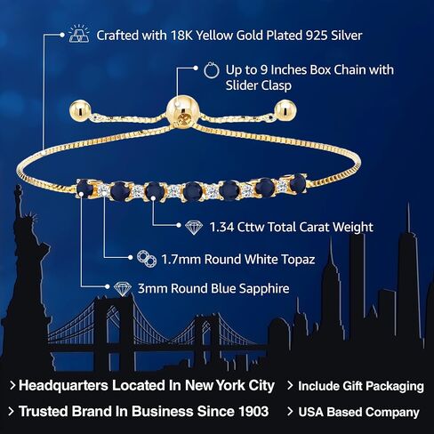 Gem Stone King 18K Yellow Gold Plated Silver Round Blue Sapphire and White Topaz Tennis Bracelet For Women (1.34 Cttw, Gemstone Birthstone, Fully Adjustable Up to 9 Inch) in Saudi Arabia