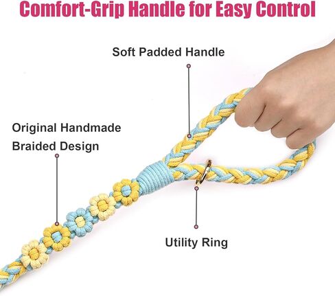 Handmade 5ft Braided Cotton Dog Leash with Unique Floral Handle, Durable and Stylish, Ideal for Small to Large Dogs, Rainbow Color in Kuwait