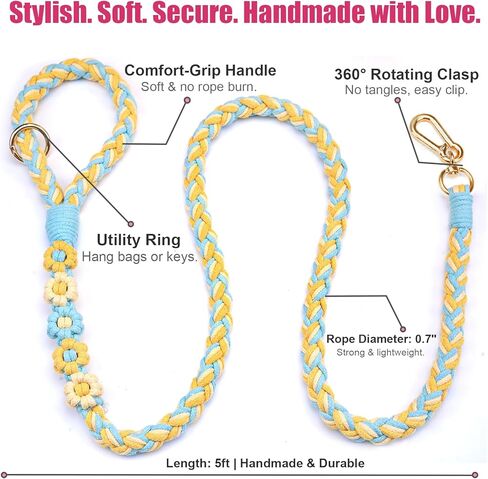 Handmade 5ft Braided Cotton Dog Leash with Unique Floral Handle, Durable and Stylish, Ideal for Small to Large Dogs, Rainbow Color in Kuwait
