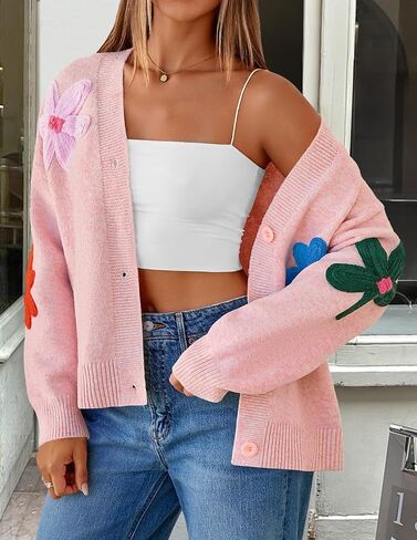 Zesica Womens Fall Floral Cardigan Subsigan 2025 غير رسمي طويل الأكمام مفتوحة زر الأمامي لأسفل V سترة متماسكة in Saudi Arabia