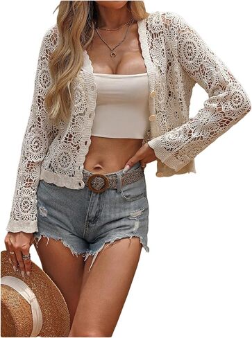 Gorglitter Women's Crochet Cardigans خفيفة الوزن سترة Cute Boho Fall Button Up Long Sleeve Tearcher Short Cardigan in Saudi Arabia