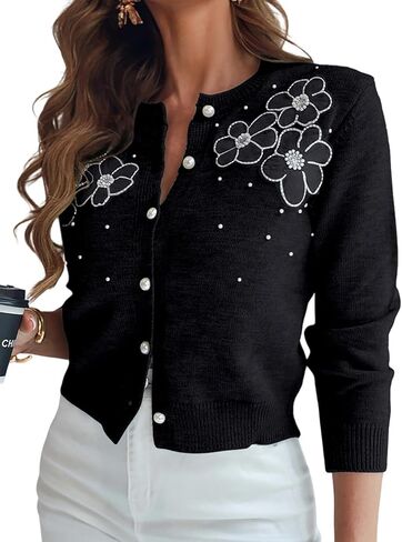 Chicme Women النسائية الأنيقة ثلاثية الأبعاد الزهرية 2025 Cardigan cardigan طويلة الأكمام جولة معطف السترة الأمامية in Kuwait