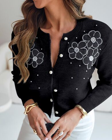 Chicme Women النسائية الأنيقة ثلاثية الأبعاد الزهرية 2025 Cardigan cardigan طويلة الأكمام جولة معطف السترة الأمامية in Kuwait