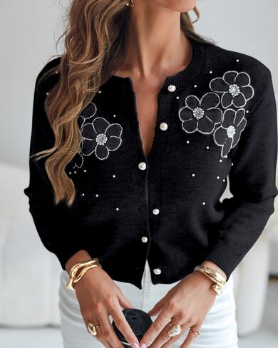 Chicme Women النسائية الأنيقة ثلاثية الأبعاد الزهرية 2025 Cardigan cardigan طويلة الأكمام جولة معطف السترة الأمامية in Kuwait
