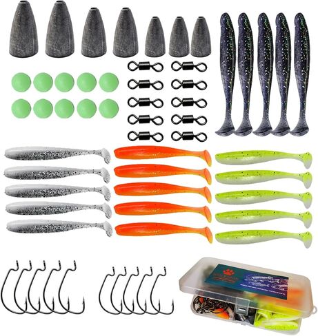 WOLFSKIN Fishing Lure Kit Soft Lure Fishing Bait Set Including Hooks Plastic Paddle Tail Swimbaits Curly Tail Worms Grubs for Bass Trout Walleye Crappie Freshwater Saltwater in Saudi Arabia