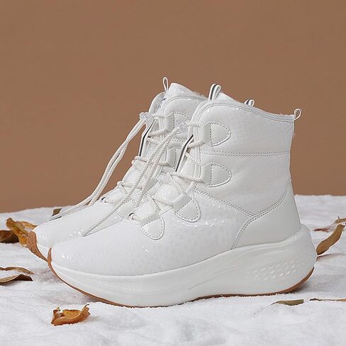 Women'S Leather Lace-Up Platform Waterproof Snow Boots Comfortable Round Toe Warm Fur Lined Slip-On Wedges Mid Calf Snow Boots in Saudi Arabia
