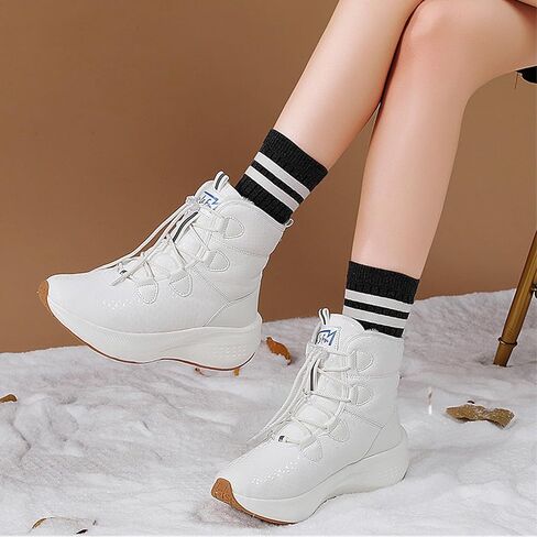 Women'S Leather Lace-Up Platform Waterproof Snow Boots Comfortable Round Toe Warm Fur Lined Slip-On Wedges Mid Calf Snow Boots in Saudi Arabia