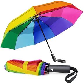 Rainbow Umbrella Automatic for Adults - Compact Folding Auto Open Close Double Canopy Vented Windproof Folding Travel Iridescent Umbrellas for Rain&Sun in Saudi Arabia