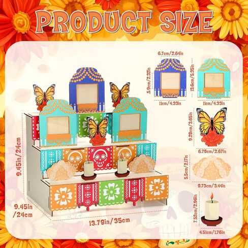 Leinuosen Di de Los Muertos of Renda Decoration Decoration Dear of the Dead Decor Wooden Box with Marigold Monarch Butterfly Photo Frame Candle Sugar Skull for Mexican Picado Banner Supplies in Kuwait