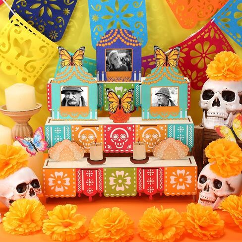 Leinuosen Di de Los Muertos of Renda Decoration Decoration Dear of the Dead Decor Wooden Box with Marigold Monarch Butterfly Photo Frame Candle Sugar Skull for Mexican Picado Banner Supplies in Kuwait