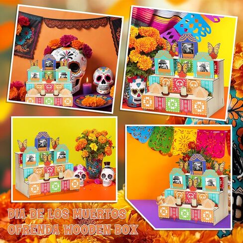 Leinuosen Di de Los Muertos of Renda Decoration Decoration Dear of the Dead Decor Wooden Box with Marigold Monarch Butterfly Photo Frame Candle Sugar Skull for Mexican Picado Banner Supplies in Kuwait
