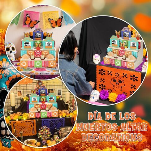 Leinuosen Di de Los Muertos of Renda Decoration Decoration Dear of the Dead Decor Wooden Box with Marigold Monarch Butterfly Photo Frame Candle Sugar Skull for Mexican Picado Banner Supplies in Kuwait