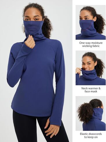 baleaf Women's Thermal Turtleneck Tops Long Sleeve Shirts Ski Base Layer with Integrated Neck Face Mask Thumbholes in Saudi Arabia