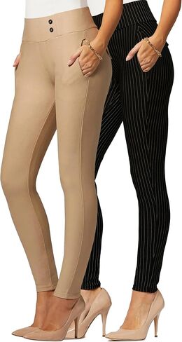 Conceited 2-Pack Stretch Slacks for Women - Wear to Work - Slim Leg Dress Pants with Pockets - All Pinned Up, Khaki - (Large) in Saudi Arabia