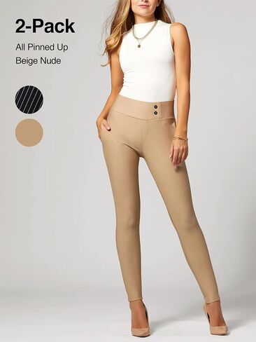 Conceited 2-Pack Stretch Slacks for Women - Wear to Work - Slim Leg Dress Pants with Pockets - All Pinned Up, Khaki - (Large) in Saudi Arabia
