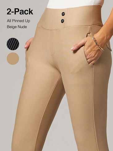 Conceited 2-Pack Stretch Slacks for Women - Wear to Work - Slim Leg Dress Pants with Pockets - All Pinned Up, Khaki - (Large) in Saudi Arabia